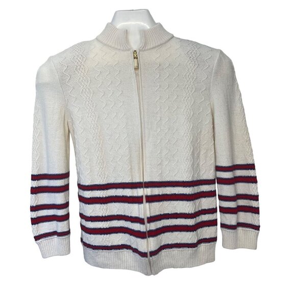 St. John Sport Full Zip Cardigan Wool Blend Ladies Size Small Cream Red Colors - Picture 1 of 9